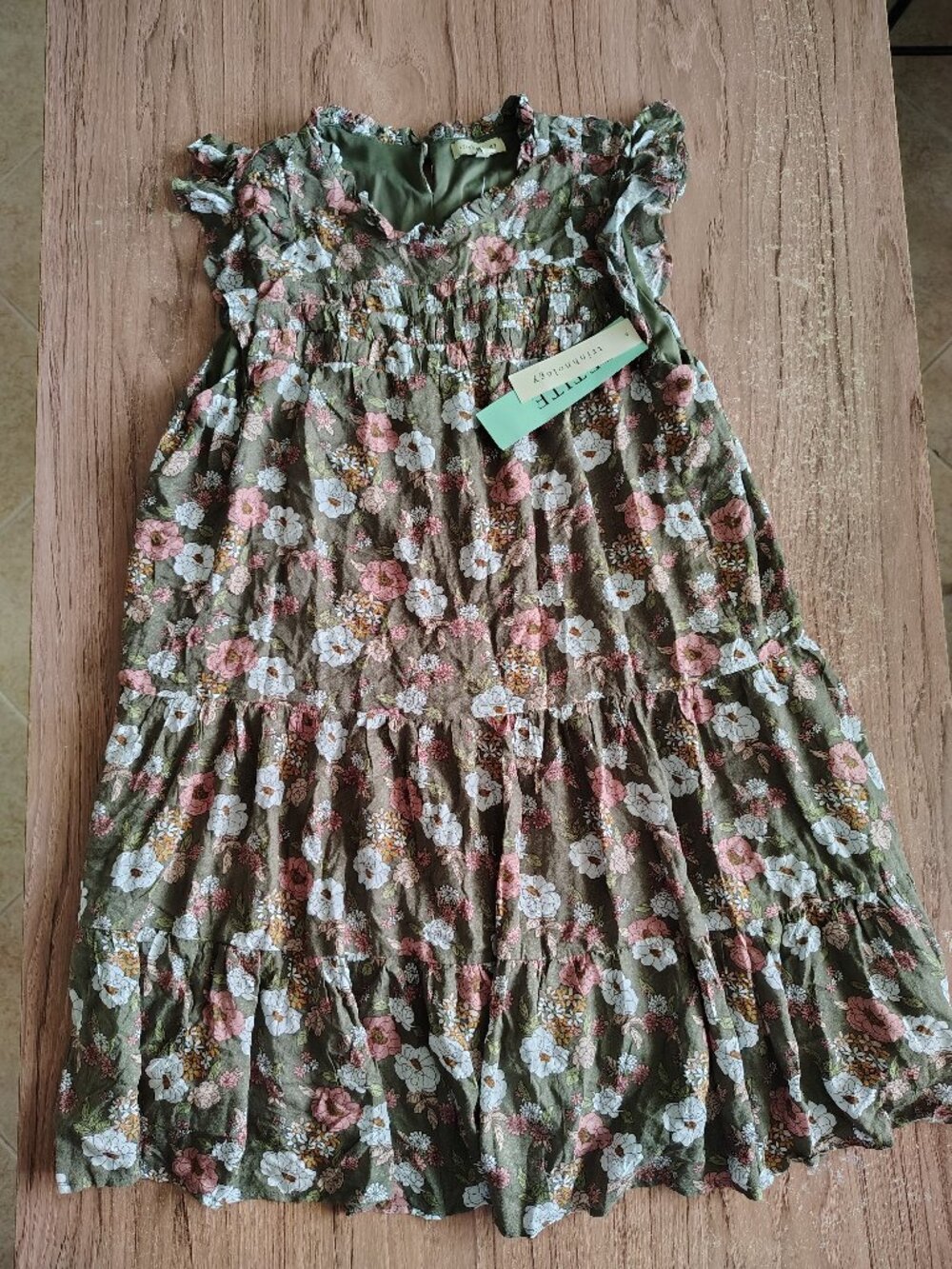 NWT! Trinhnology Rayon Green Floral Tiered‎ Ruffle Sleeve Dress Size Large PL
